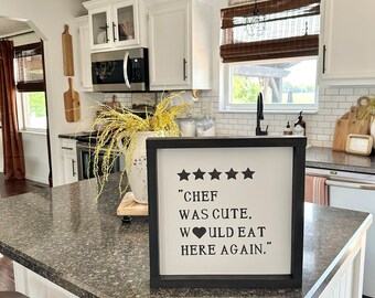 Chef was cute would eat here again painted wood sign kitchen wall decor decoration five stars