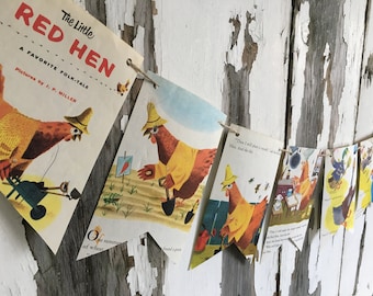 The LITTLE RED HEN vintage book page banner bunting garland decoration fable fairytale story