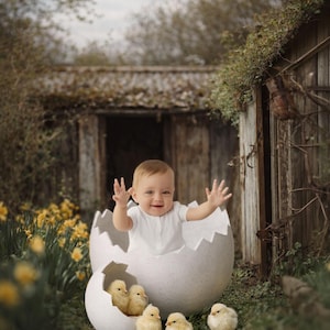 May include: A baby in a white outfit emerges from a large, cracked white eggshell, with arms raised. Several fluffy yellow chicks surround the egg, set in a garden scene with a wooden shed and yellow flowers.