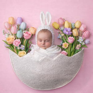 Bunny Baby in Egg Digital Backdrop | Felt Shell With Tulips Newborn Composite Background (PSD Format)
