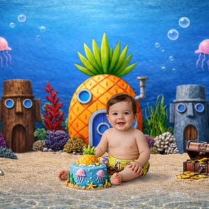 Under the Sea Pineapple Digital Cake Smash Backdrop | Ocean Theme Background | Birthday Cake Smash Setup  (PNG Format)