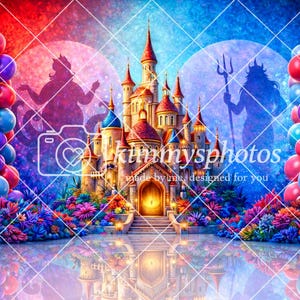 Puede incluir: Imagen de arte digital que presenta un castillo de cuento de hadas con detalles en rojo, azul y dorado, flanqueado por grupos de globos en tonos rojos, azules y morados. Siluetas de figuras son visibles en el fondo, con una superficie reflectante debajo.