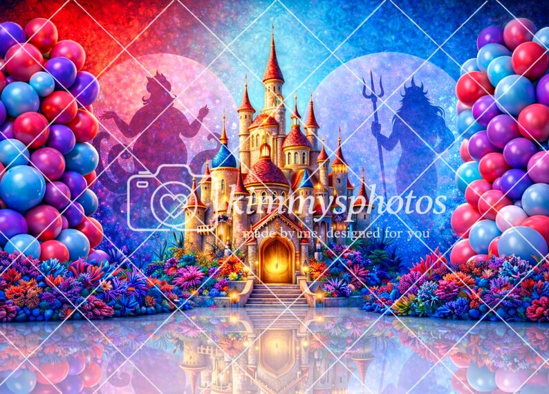 Puede incluir: Imagen de arte digital que presenta un castillo de cuento de hadas con detalles en rojo, azul y dorado, flanqueado por grupos de globos en tonos rojos, azules y morados. Siluetas de figuras son visibles en el fondo, con una superficie reflectante debajo.