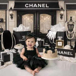 May include: A smiling baby in a black dress and bow sits in front of a backdrop with the CHANEL logo. The scene includes black gift boxes, shopping bags, a cake, perfume, and a high-heeled shoe.