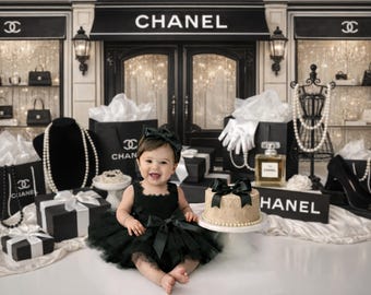 Fondo de pastel inspirado en Chanel / Fondo digital de cumpleaños beige y negro / Descarga digital (formato PNG)