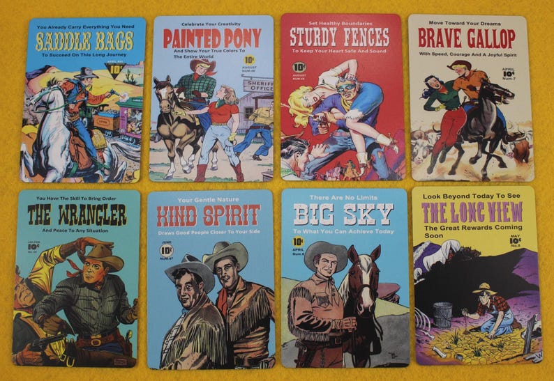 Western Oracle Cards: Cowboy Comic Book Art, Daglig vägledning Liknande Tarot "Poker Size" bild 4