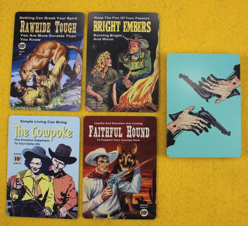 Western Oracle Cards: Cowboy Comic Book Art, Daglig vägledning Liknande Tarot "Poker Size" bild 3