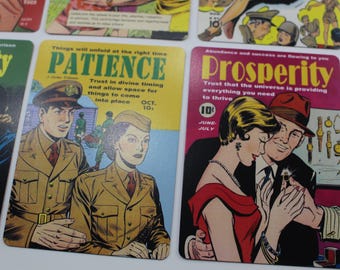 Pode incluir: Uma coleção de cartões vintage em estilo de banda desenhada com ilustrações e texto retro. Os cartões apresentam imagens de pessoas em uniformes militares e casais, com frases como "Paciência" e "Prosperidade". A paleta de cores inclui amarelo, vermelho e verde.