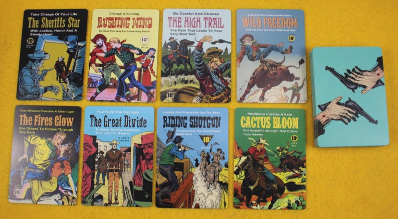 Western Oracle Cards: Cowboy Comic Book Art, Daglig vägledning Liknande Tarot "Poker Size" bild 2