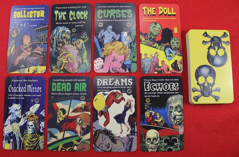 May include: A collection of vintage-style cards with horror-themed illustrations and text. The cards feature images of monsters, skulls, and other eerie elements. A deck of cards with skull and crossbones design is also present.