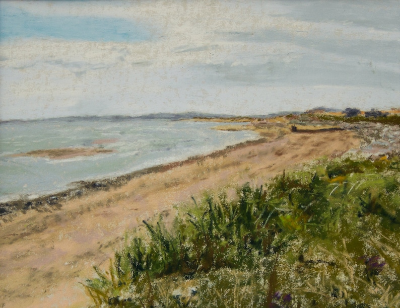 Angus Original Pastel Painting by Pamela Ruddy Towards Elliot Water Scottish Coastal Landscape Beach near Arbroath