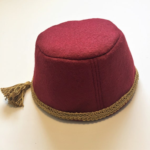 Aladdin Cranberry Red Tarboush Hat, Fez Hat With Gold Trim and