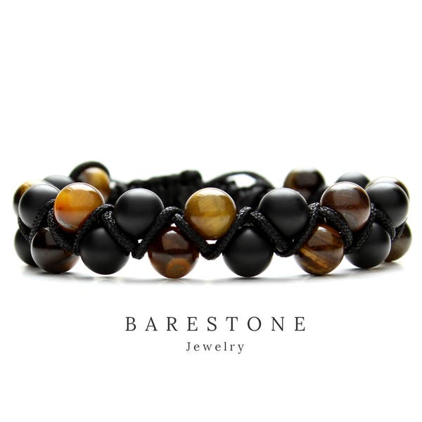 Bijoux en pierres précieuses, cadeau pour lui, bracelet pour hommes Double Shamballa Man's Tiger Eye Matte Onyx perlé, bracelet étudiant, bracelet en nylon