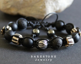 Bijoux pour homme en pierres précieuses pour homme, onyx noir mat pour homme/bracelet pour homme, bracelet en pierre de lave de Shamballa, bracelet réglable, os