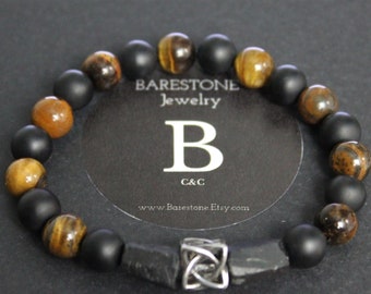 Tiger's Eye Beaded Bracelet, Tibetan Onyx, Celtic Knot, Mens Jewelry