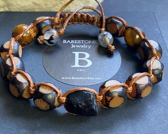 Black Tourmaline & Bone Bead Bracelet: Handwoven Cord, Adjustable