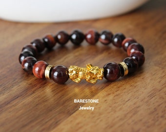 Men's Red Tiger Eye Bracelet: 18k Gold Pixiu, Feng Shui Jewelry