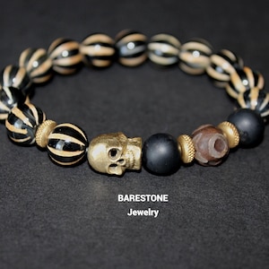Men&#39;s Gemstone Bracelet/Protection Warrior Bracelet/Rocker Jewelry Edgy Skull Bracelet/ Men&#39;s Stretch Bracelet/Gifts for Him/Dad Gift