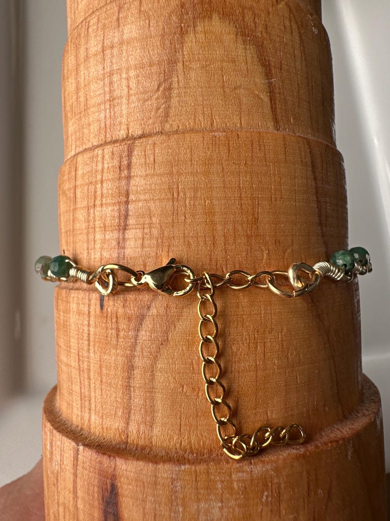 Dainty Emerald Bracelet, May Birthstone, Gold Wire Wrapped Jewelry, Delicate Green Gemstone Clasp image 3