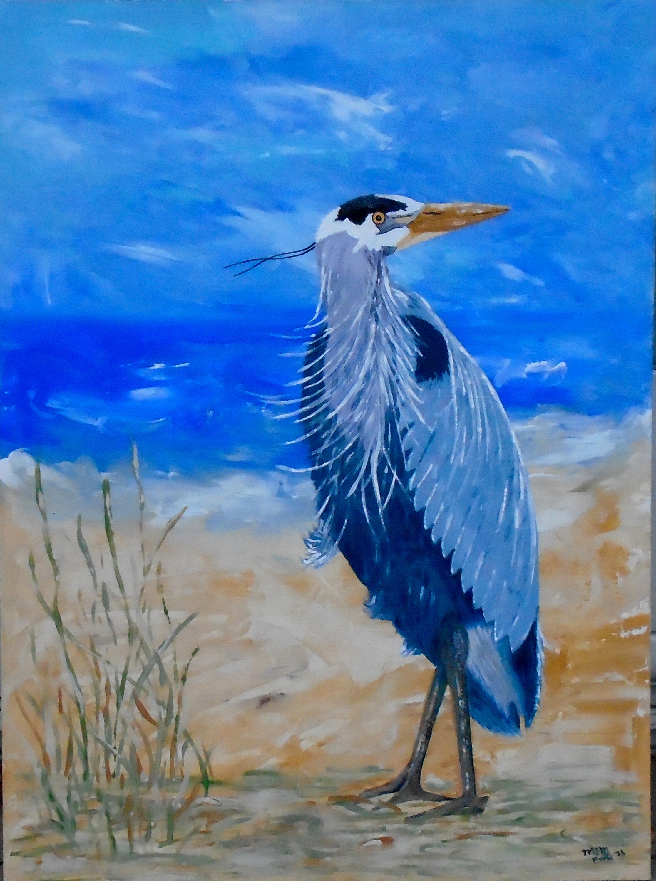Folk Art Blue Heron 18 x 24 inches