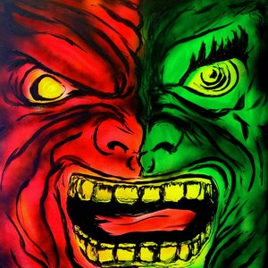 May include: A painting of a face split in half, one side red and the other green. Both sides have a menacing expression with sharp teeth and a wide open mouth. The red side has a yellow eye, while the green side has a green eye with a spiral pattern.
