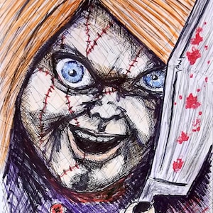 Print C1-23 of fan art drawing of Chucky by Brett Mitchell fan art 11x15 inch poster print on 100# glossy card stock.