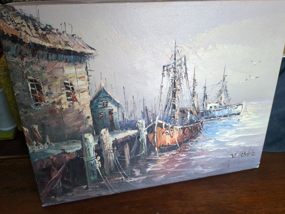Vintage Oil Painting on Canvas Harbor Scene/fishing Shacks,boats