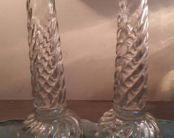 SALE!  Pair of Antique, clear swirl glass vases.