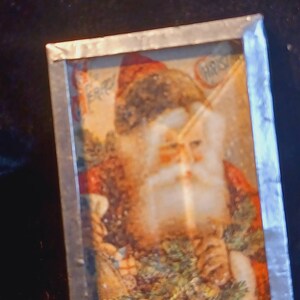 Unique Handcrafted Christmas brooch w/Nostalgic Santa Ephemera/Dome cut front glass/MOD clasp added/one of a kind.