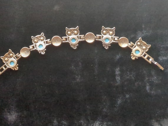 Vintage owl link bracelet/faux glass turquoise/sm… - image 5