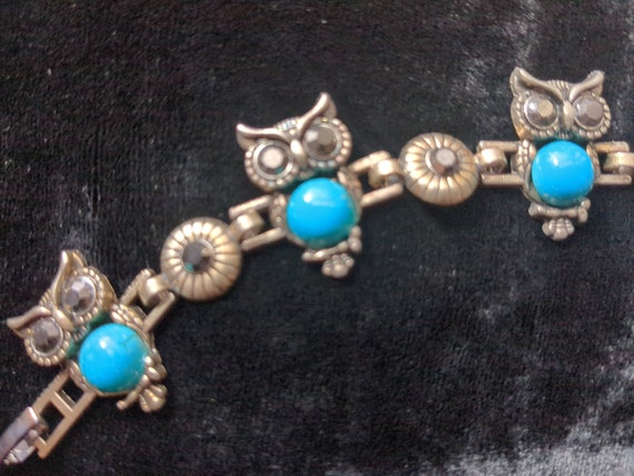 Vintage owl link bracelet/faux glass turquoise/sm… - image 4