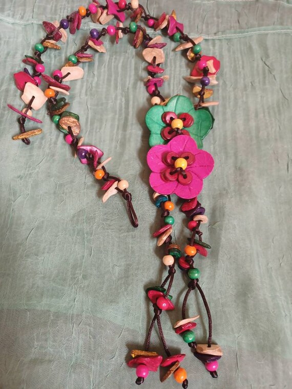 Multi colored BOHO coconut shell bead necklace/Fl… - image 1