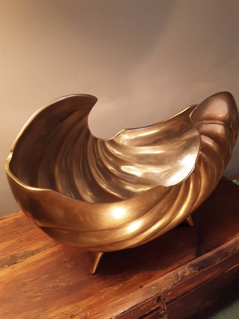 Fantastic Vintage brass footed Nautilus Shell  sculpturePlanter Art DecominimalistBeach Decor