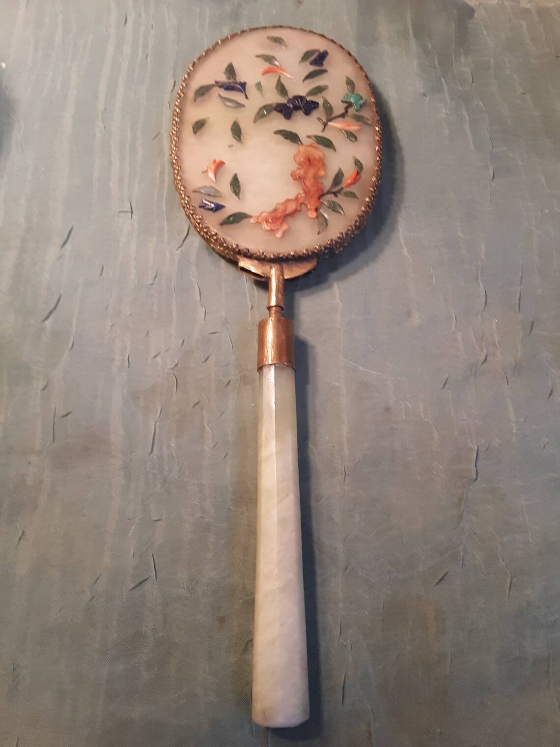 Antique Chinese Vanity, Large Hand Held Beveled Mirror, With Precious Stone Embellishments. Jade