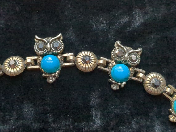 Vintage owl link bracelet/faux glass turquoise/sm… - image 9