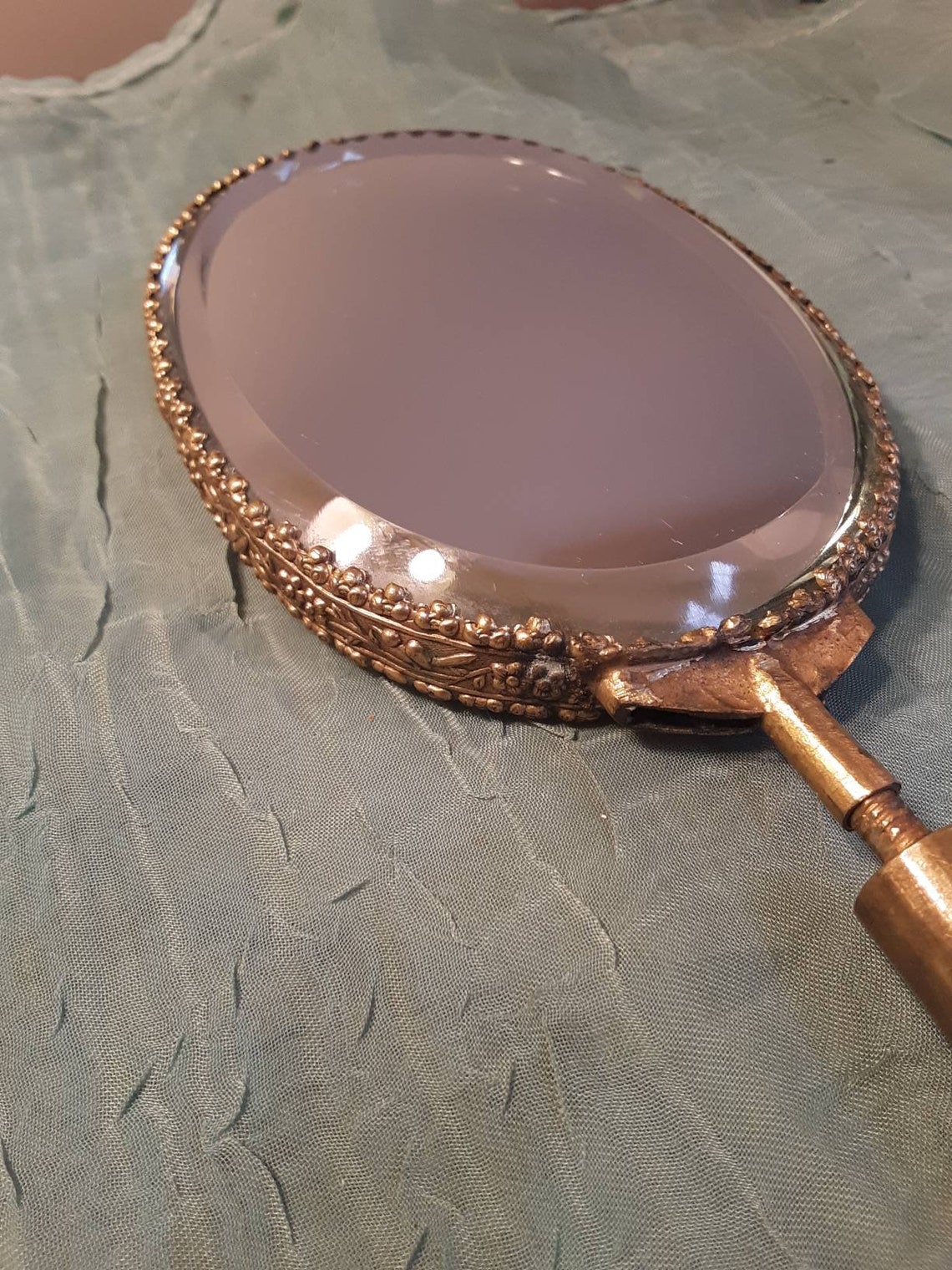 Antique Chinese Vanity, Large Hand Held Beveled Mirror, With Precious