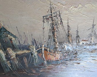 Vintage Oil Painting on Canvas Harbor Scene/fishing Shacks,boats