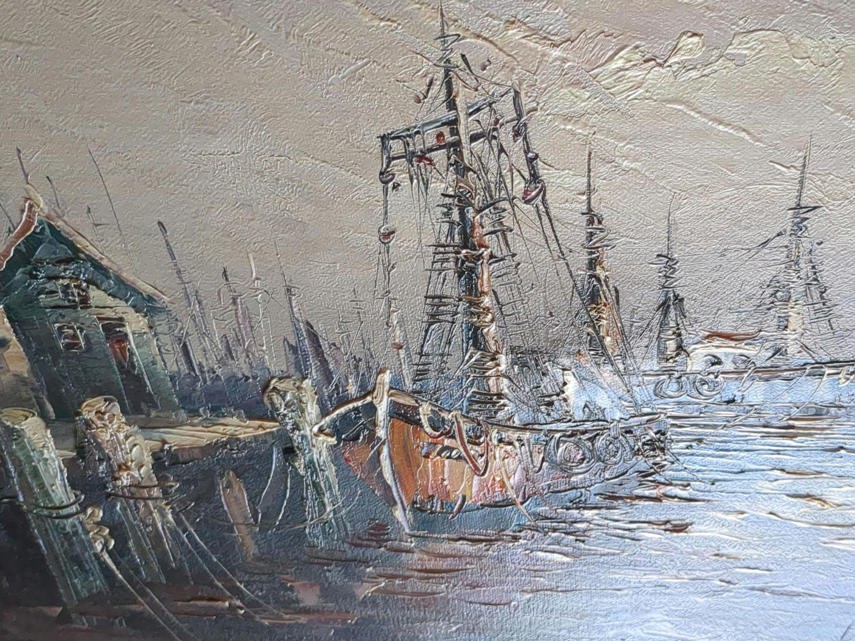 Vintage Oil Painting on Canvas Harbor Scene/fishing Shacks,boats