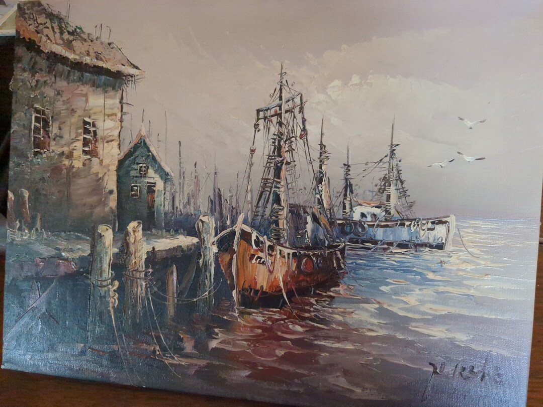 Vintage Oil Painting on Canvas Harbor Scene/fishing Shacks,boats