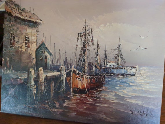 Vintage Oil Painting on Canvas Harbor Scene/fishing Shacks,boats