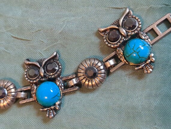 Vintage owl link bracelet/faux glass turquoise/sm… - image 2