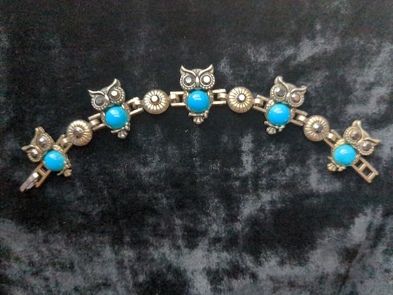 Vintage owl link bracelet/faux glass turquoise/sm… - image 7