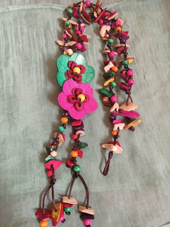 Multi colored BOHO coconut shell bead necklace/Fl… - image 2