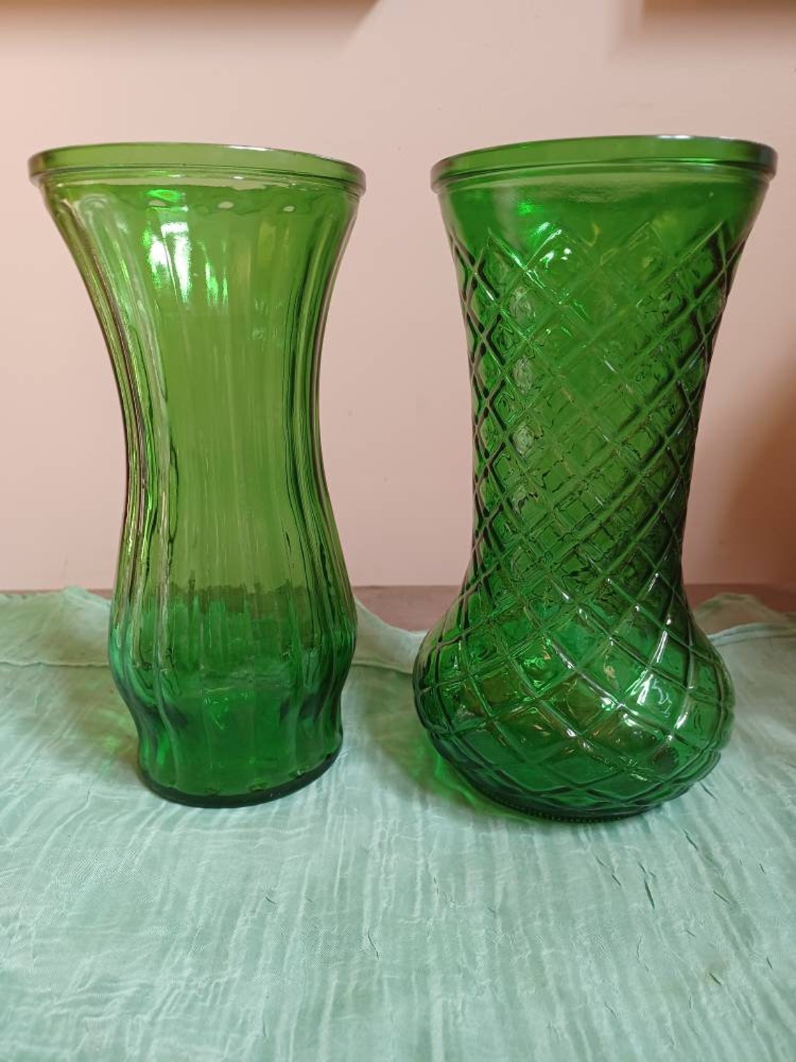 Two Vintage Green Glass Hoosier Vases/criss Cross Diamond, Vertical