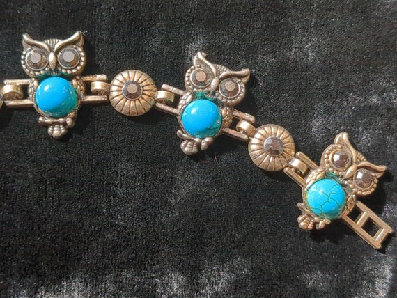 Vintage owl link bracelet/faux glass turquoise/sm… - image 3