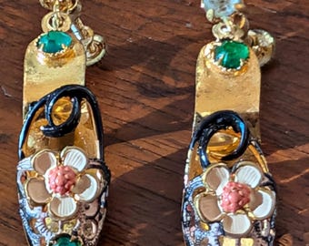 Pendientes antiguos, colgantes, chapados en oro, con esmalte, diamantes de imitación y filigrana, con cierre de rosca, estilo Art Déco/Victoriano/Pieza única.