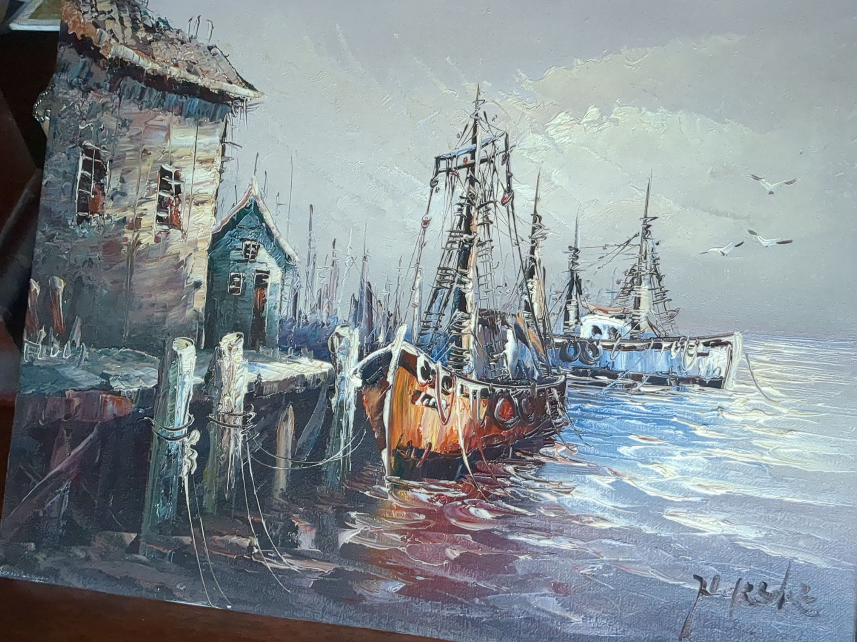 【F15号】【油彩】good blue(FRANCOIS) oil 原画 Vintage Oil Painting on Canvas Harbor Scene/fishing Shacks,boats