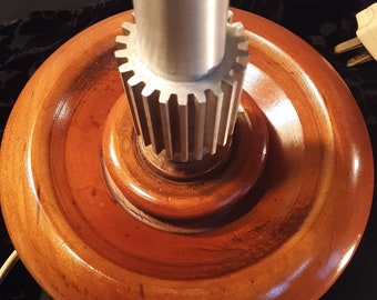 Unique Vintage handcrafted machinists table lamp. Hand lathed wood base with metal Gear shaft.
