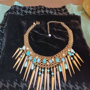 Zoe and Syd Spike Bib Necklace/ faceted glass,semi precious stone, rhinestone, gold tone chain link choker necklace/Signed/Great Condition.
