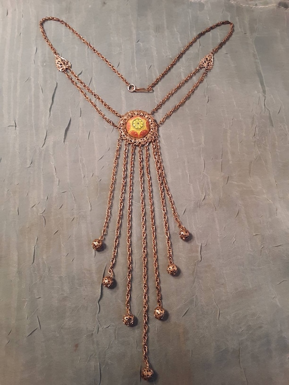 India Souvenir Necklace Multicolor Glass Beads Dangle Drop Brass Metal Boho